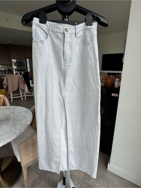 Zara Blue White Pinstripe Column Maxi Skirt Front Slit XS
